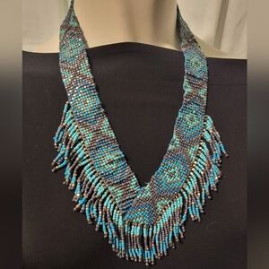 Native‎ American Style Woven Turquoise And Bronze Bead Fringe Tribal Necklace